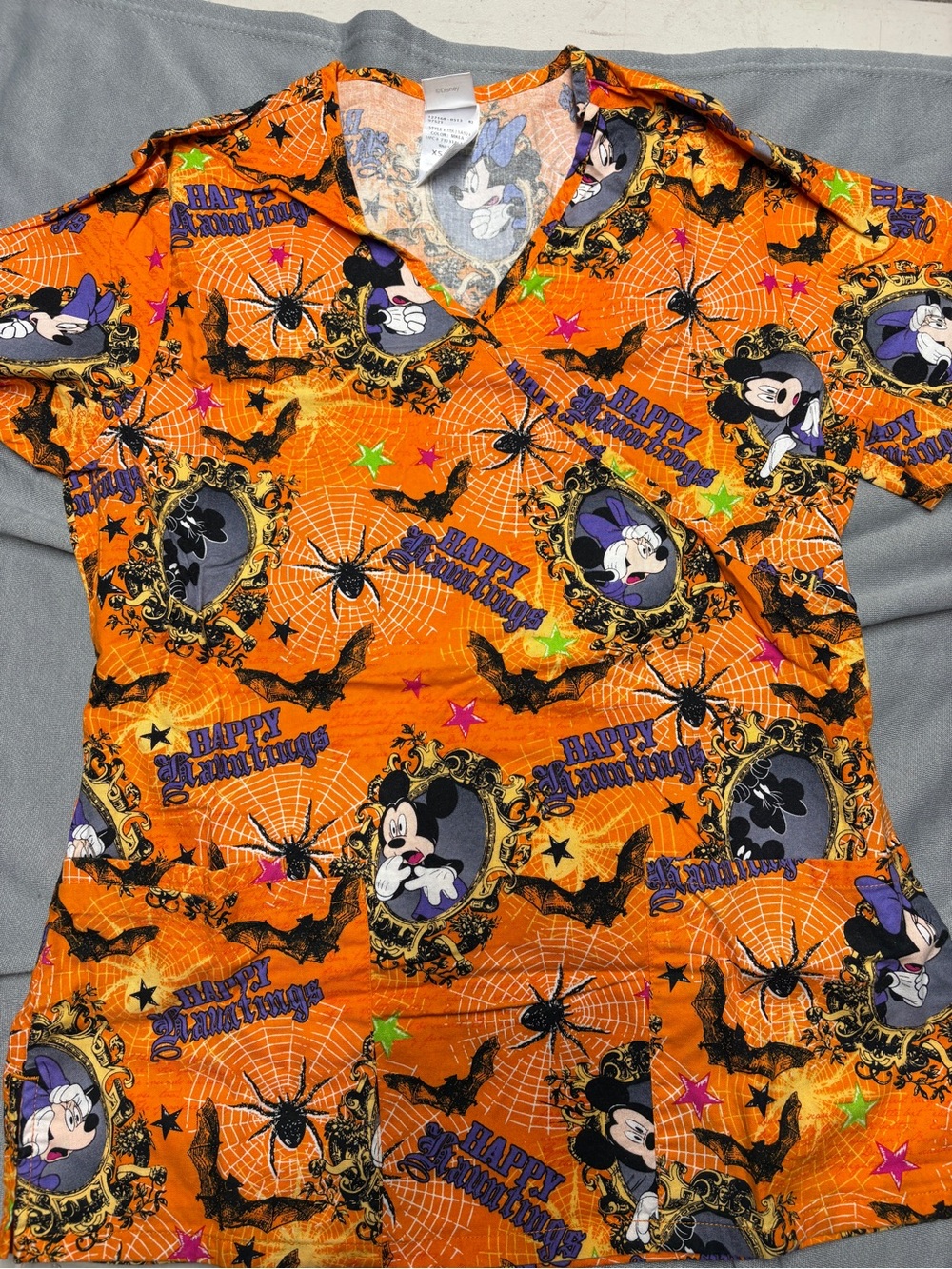 Disney Orange Halloween Scrub Top with Mickey & Minnie Prints